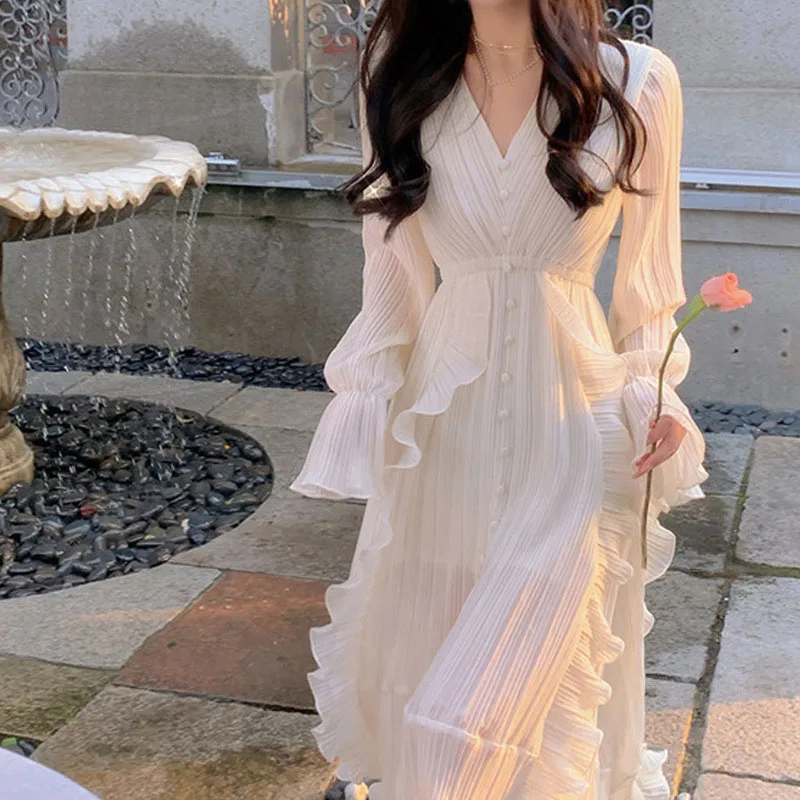 

Женское шифоновое платье средней длины в Корейском стиле, летнее платье со средней талией и многослойными оборками, повседневное милое сказочное платье с длинным рукавом