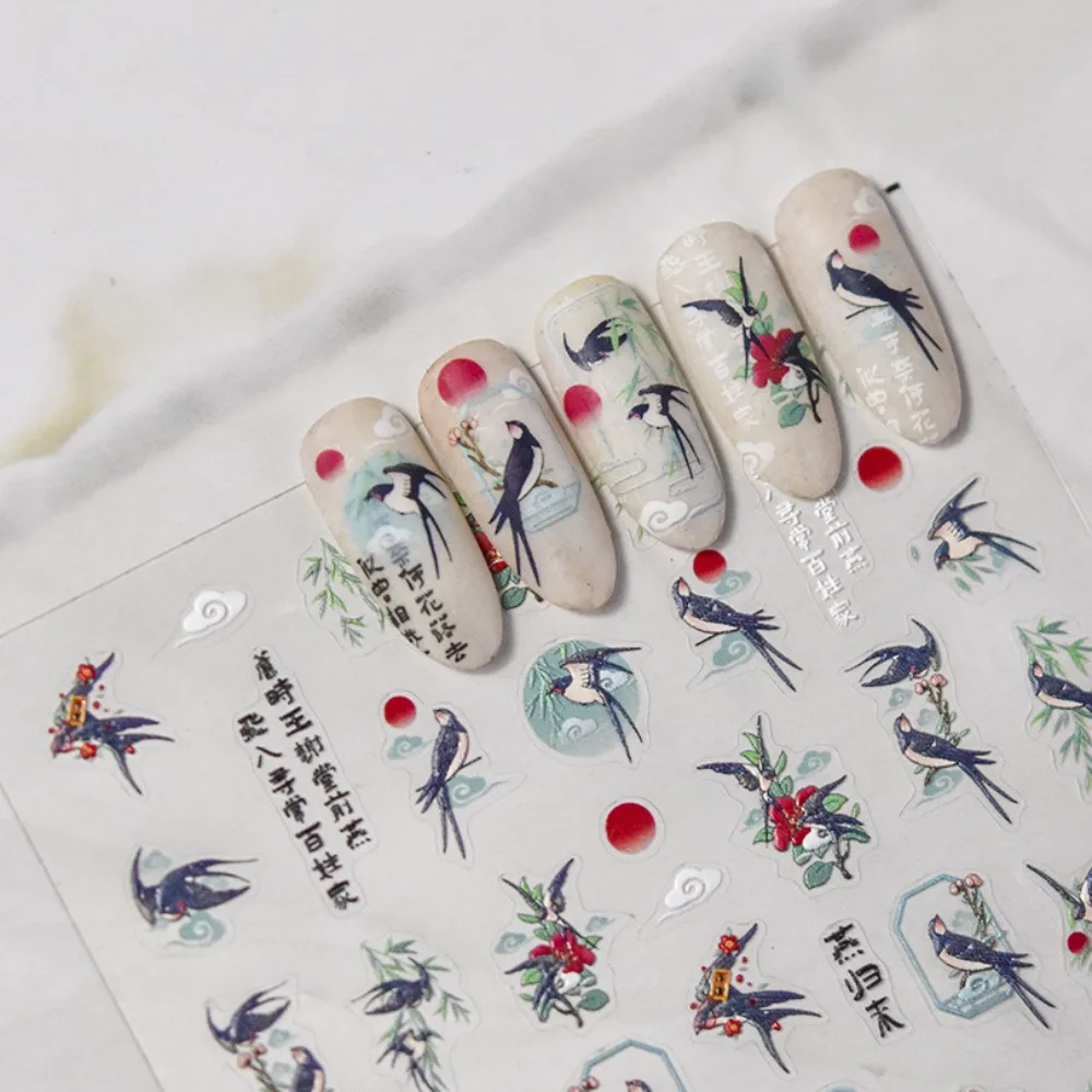 

Китайские наклейки для ногтей в виде облака, наклейки для ногтей с изображением диких гусиных листьев ивы, воздушного змея, ласточки, китайские наклейки для ногтей зеленого цвета 5D, рельефные наклейки