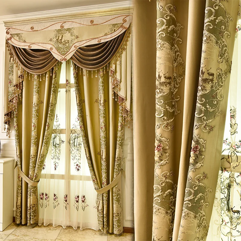 

European Luxury Villa Brown 3D Sika Deer Jacquard Full Blackout Living Room Bedroom Kitchen Study Apartment Valance Curtain