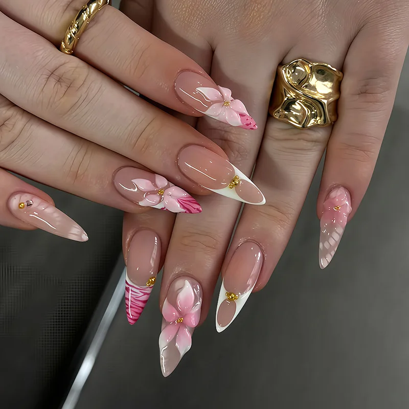 24개 아몬드 프레스온 네일 고급 3D 금박 꽃무늬 레오파드 프린트 인조 손톱 프렌치 스위트 쿨 스타일 우아하고 심플한 가짜 손톱