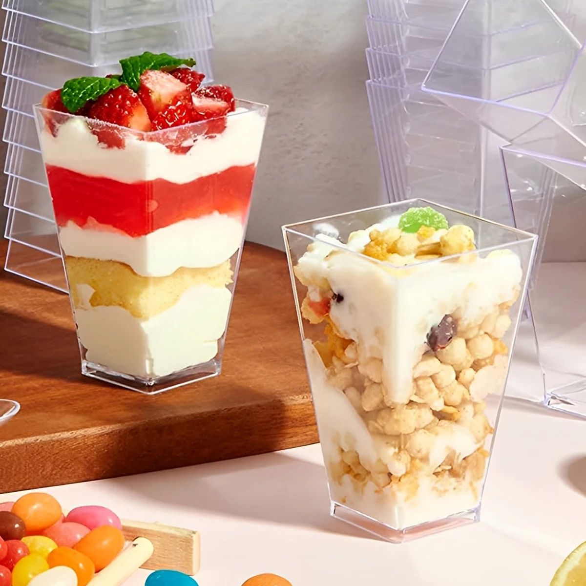 Dessert Cups with Spoons 30Pcs 5oz/150ml Clear Square Appetizer Cups Mini Reusable Plastic Dessert Pots Set Stackable