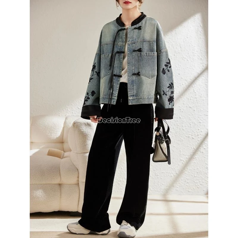 Retro Chinese Style Denim Coat for Women's Spring Casual Daily Wear Fashionable Embroidery Stand Collar Button Top women chinese shirt
