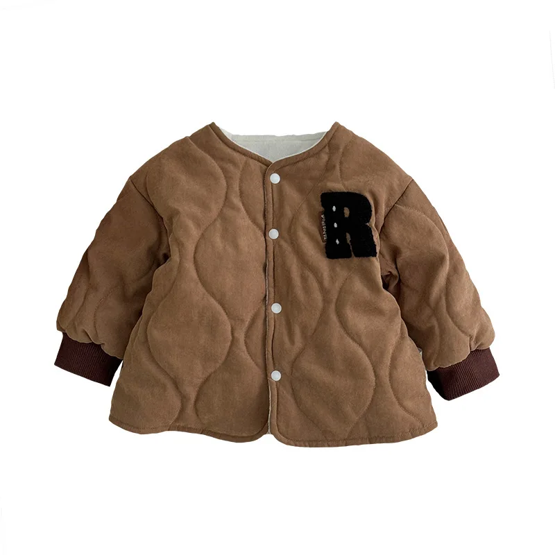 Winter New in Kids Baby Boys Thicken Plush Warm Top Outwear , Toddler Infant Patch Letter Jacket Outfits Fashion Clothing