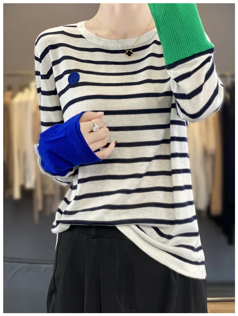 WinvyNee Women's Wool O Neck Long Sleeve Sweaters Striped Color Block Cuff Loose Fashion Spring Basic Knitted Top ZA1047014