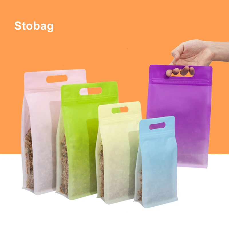 

StoBag 50pcs Food Packaging Ziplock Bag Colorful Handle Stand Up for Gift Candy Tea Nuts Snack Storage Reusable Pouches Logo