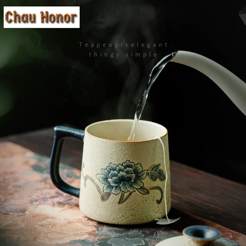 330ml Blue And White Flint Red Mug Handmade Gold Drawing Peony Flower Coffee Cup Infuser Tea Maker Office Water Cup Teaset Craft