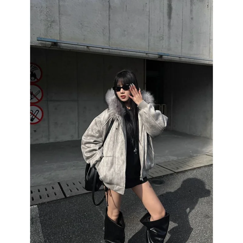 American Retro Jacket Faux Fur Hooded Longe Sleeve Women Casual Pure Color Vintage Sweatshirt Aesthetics Parkas Autumn Clothing