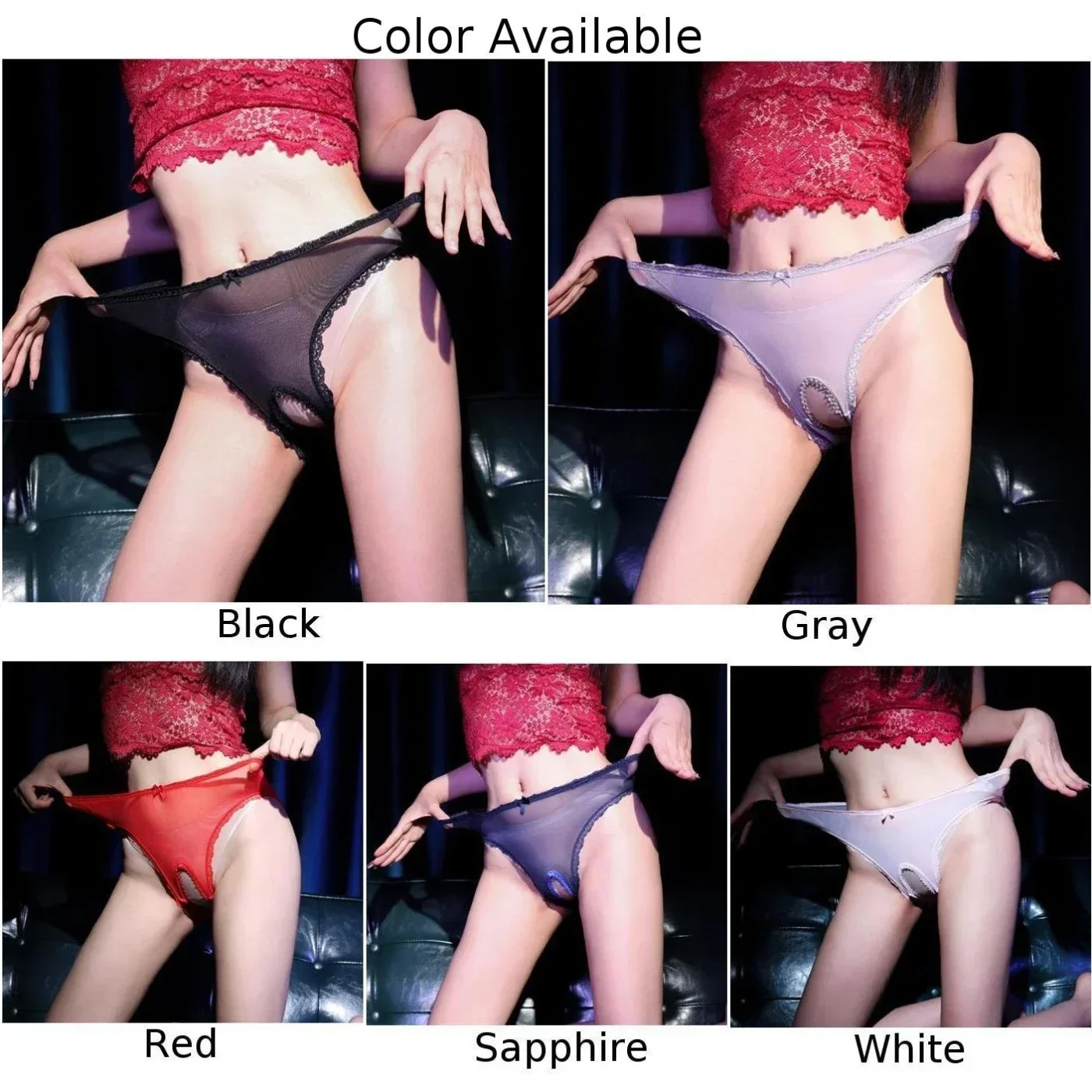 Sexy Women Crotchless Underpants Sheer Mesh Lace Side Underwear Bowknot Breathable Seamless Panties Erotic Open Crotch Briefs
