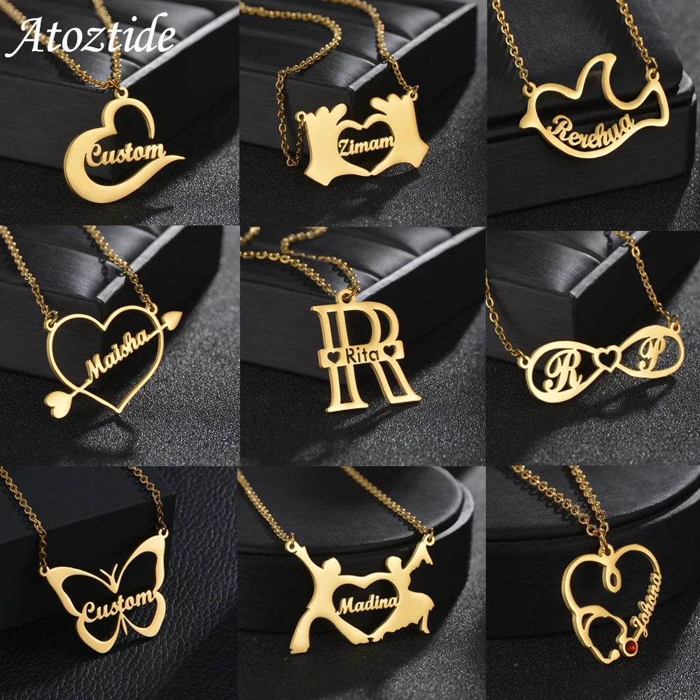アクセサリーその他 Logo Nameplate Necklace Diamond Accent Script Name Plate with Heart Ribbon Curb