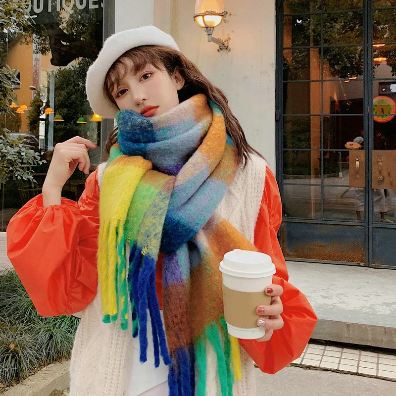 

Women Scarf Coarse Braid Rainbow Check Color-blocked Scarf Female Winter Imitation Cashmere Tartan Tassel Shawl Thermal Ladies