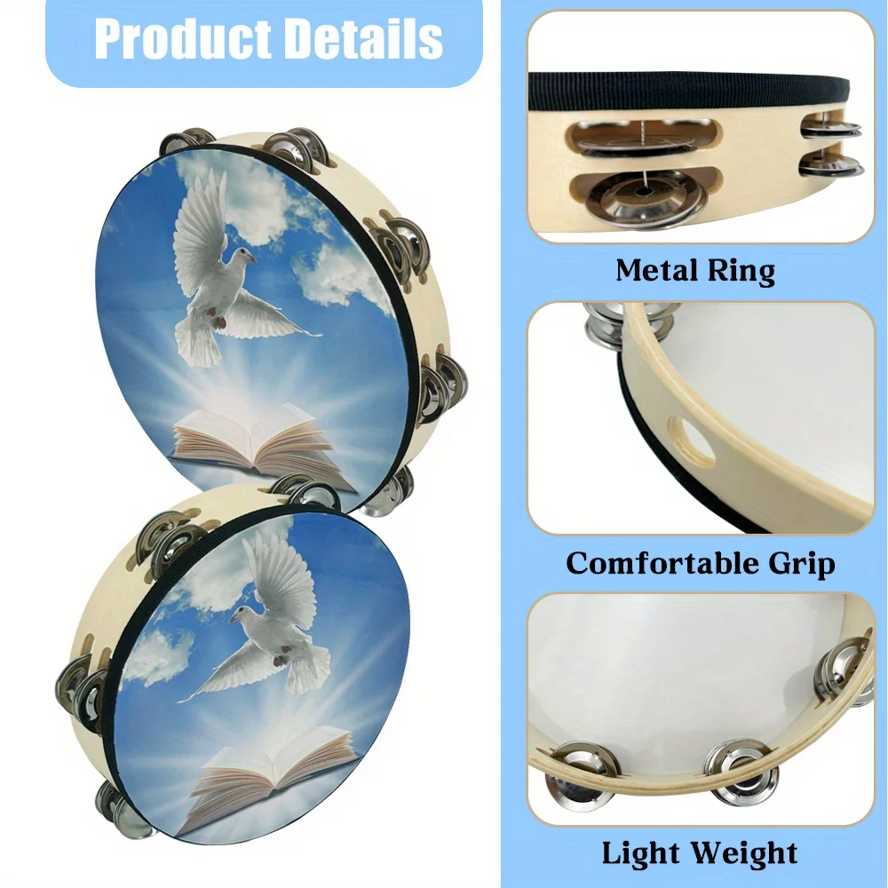 8/10-inch Blue Sky Dove Tambourine Double Row Bells Hand Drum Percussion For Dance Party Music Room
