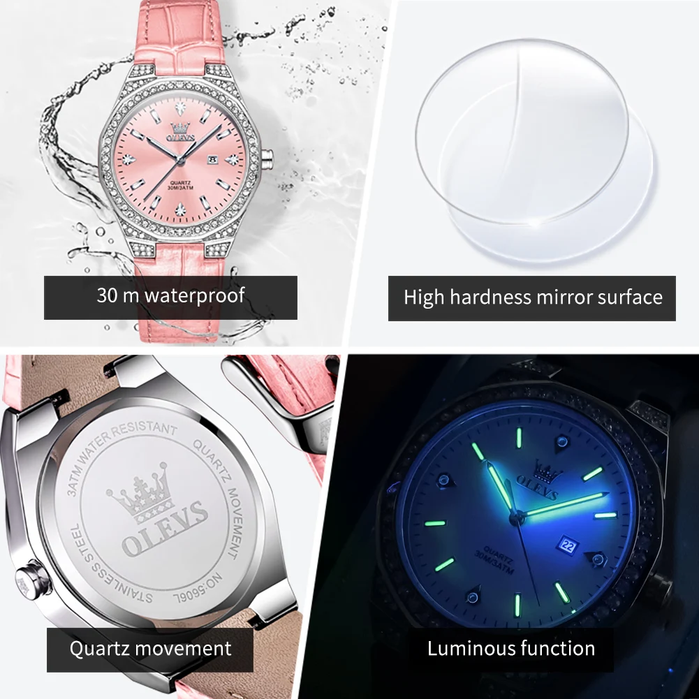 OLEVS 5606 Original Quartz Watches For Women Fashion Luxury Diamond Dial Auto Date Waterproof Leather Strap Ladies Wristwatches