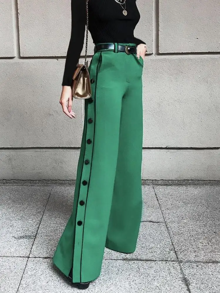 

Freeacy Side Buttoned Green Pants for Women 2023 Autumn New Fashion High Waisted Wide Leg Trousers Female Daily Casual Bottoms
