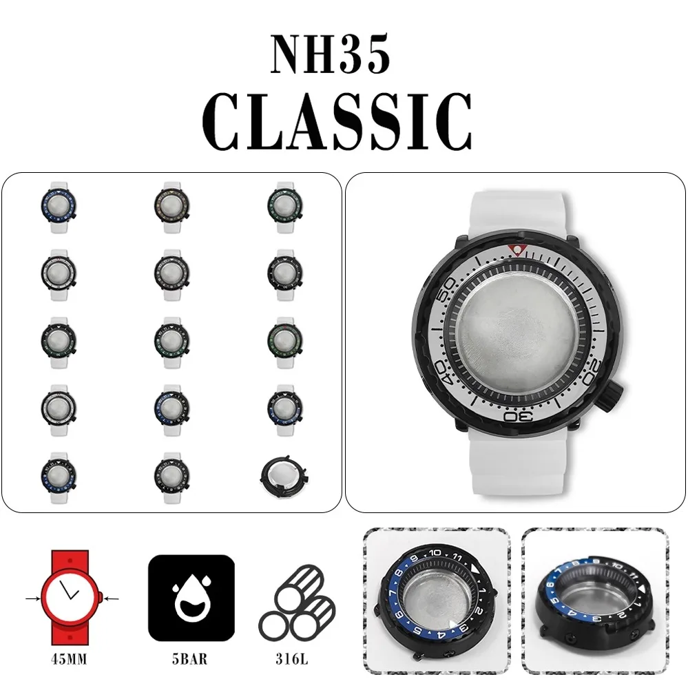 

PVD Black 45mm Can Case + Black Shadow + White Rubber Strap NH35/NH36 calibre can be installed