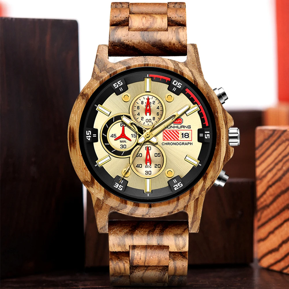 KUNHUANG Authentic Men's Luxury Handmade Wooden Chronograph Watch