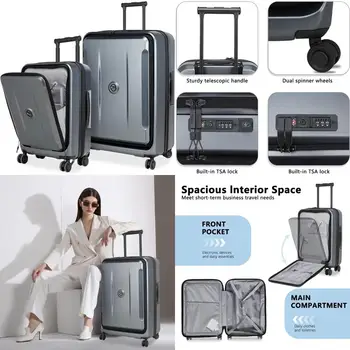 2-piece luggage set: portable carry-on with front pocket & usb port, plus 28-inch expandable top-opening checked bag 1