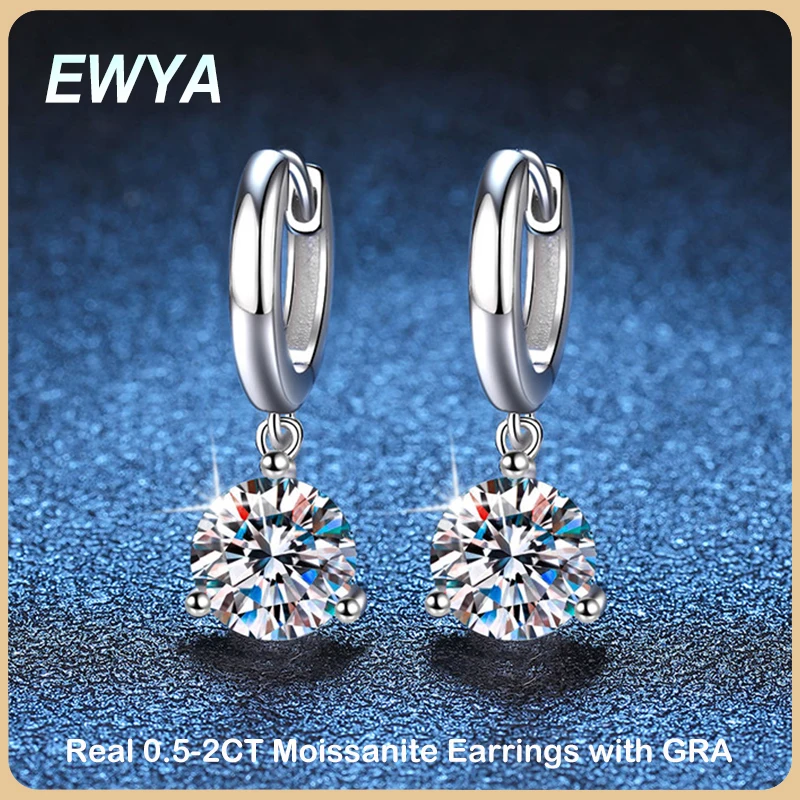 

EWYA Trendy 3 Prong 0.5-2CT D Color Moissanite Diamond Drop Earrings for Women Wedding Fine Jewelry S925 Sterling Silver Earring