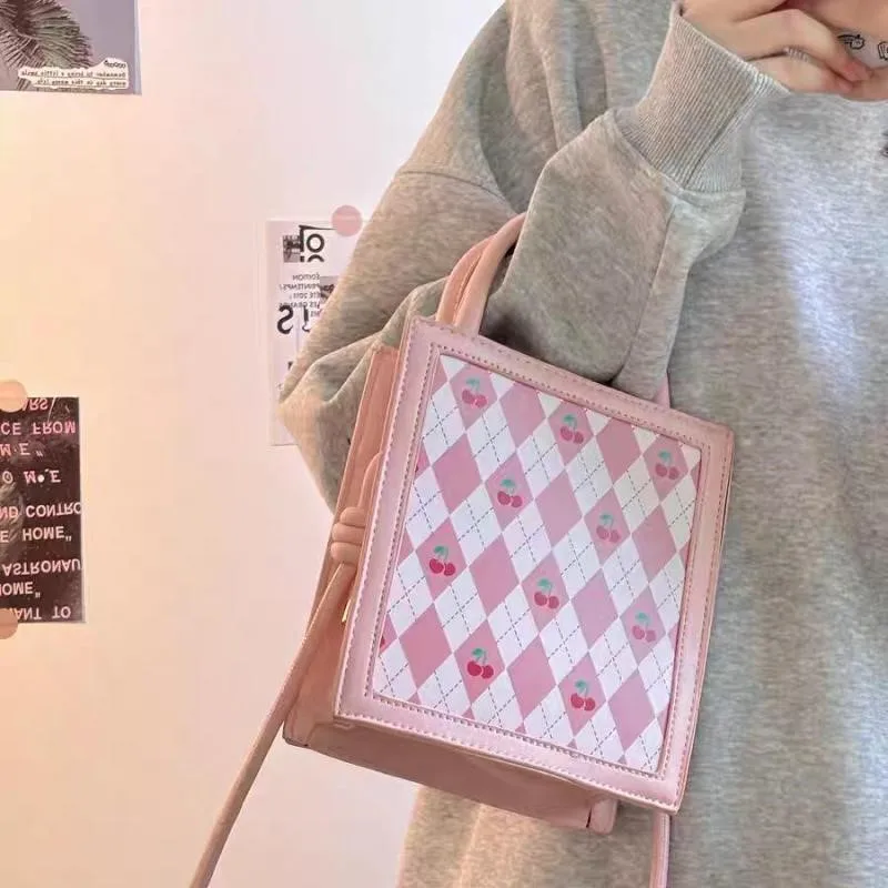 Sweet Cute Cherry Pink Handbag Women Diamond Pattern Square Large Capacity Shoulder Bag Ladies Kawaii Everyday Crossbody Bag New
