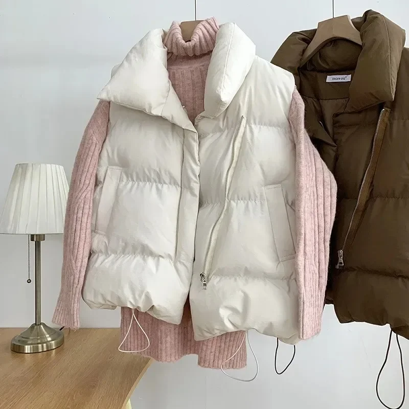 

Women Fashion Autumn New 2023 Stand Collar Elegant Down Coats Warm Outerwear Casual Belt Sleeveless Winter Women Vests Jackets