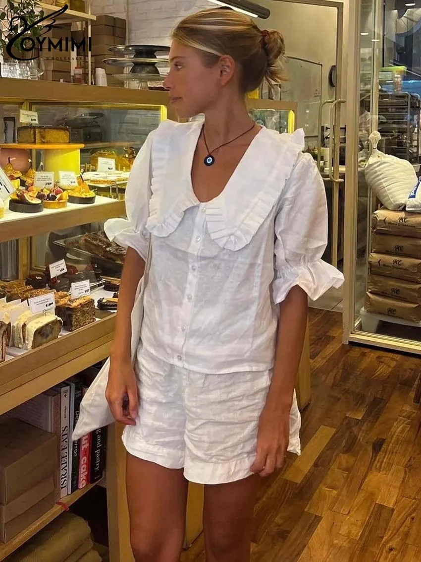 Oymimi Casual White Cotton Hemp Sets For Women 2 Pieces Fashion Peter Pan Collar Short Sleeve Shirts And Drawstring Shorts Sets