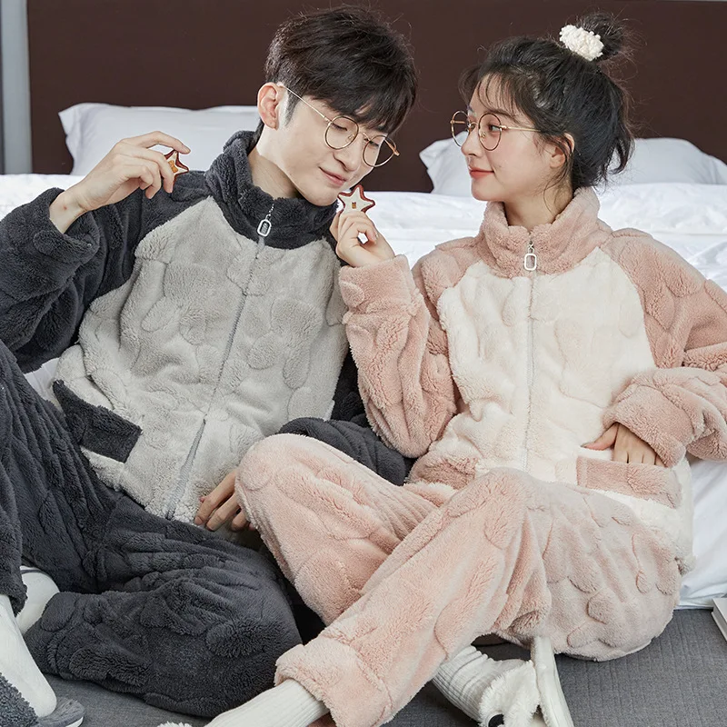 Sleepwear Nightwear Men Women Couple Pajamas Warm Flannel Pajama Sets Coral Fleece Long Sleeve Fleece Sleepwear Loungewear Sets