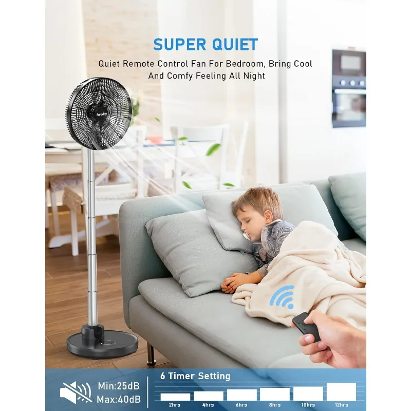 FARADAY Oscillating Standing Fan 12” Foldable Portable Quiet Floor Fan 12000mAh Rechargeable Pedestal Fan with Remote, Timer 2