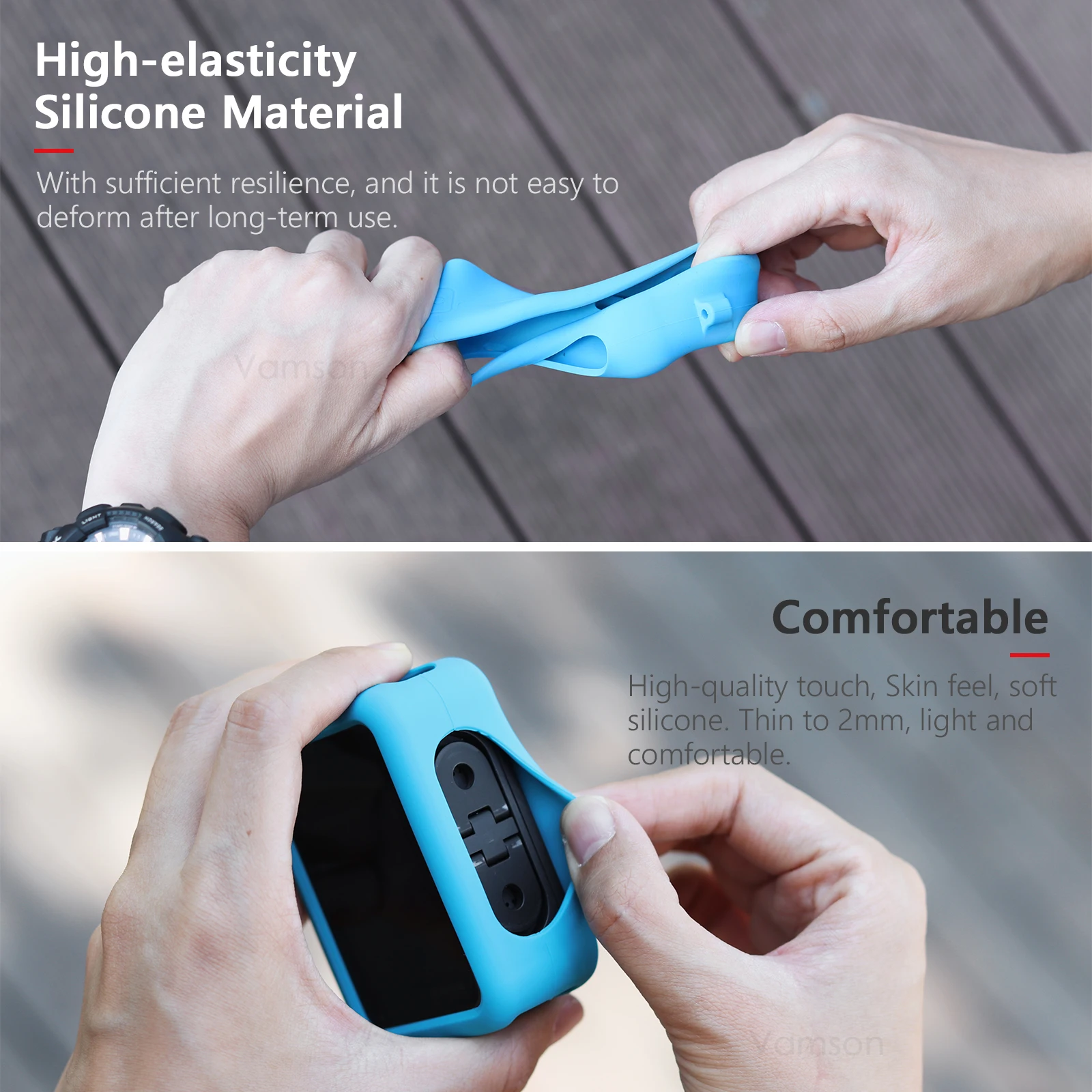 Support universel pour caméra d'action étanche blanc/noir en gros plan, mettant en valeur son design robuste. Achetez un support universel pour caméra d'action - étanche, léger, compatible GoPro.