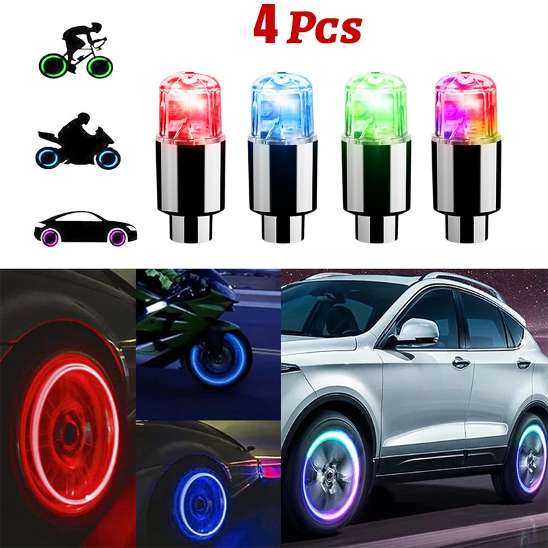 4Pcs Colorful LED Wheel Lights Car Tire Valve Caps Neon Light Bulb