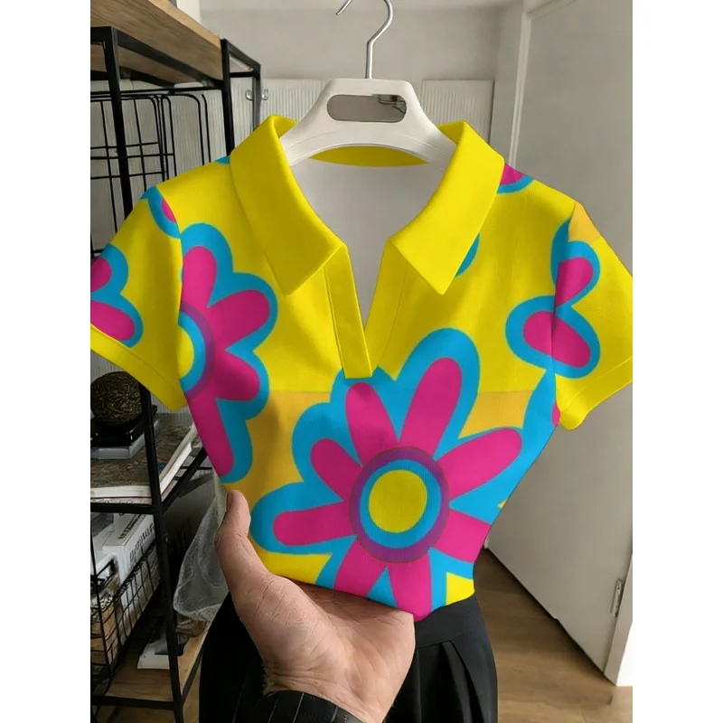 2026 Damen Hemdbluse mit Kragen ohne Knöpfe, Gelb-Orange Grafik, Modisches Alltagstaugliches Oberteil