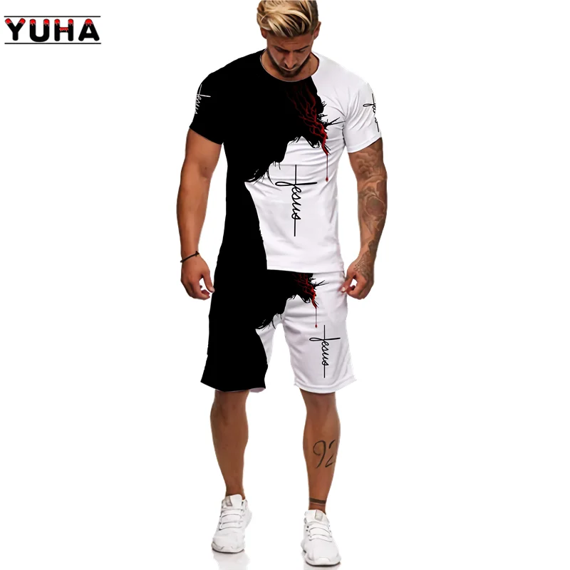 YUHA,Summer 3D Lion Cross Printed Men's T-shirt/Shorts/Suit Short Sleeve Jesus Love Everone Christian Street Wear 2 Pcs