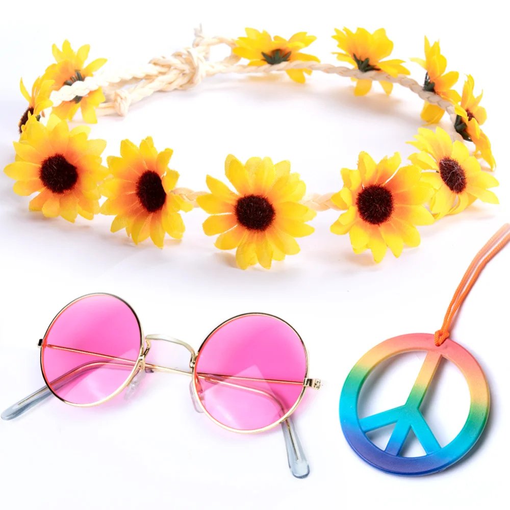  24 Pcs Hippie Costume Accessories Set for 60s 70s with Hippie  Sunglasses, Rainbow Peace Sign Necklaces Earrings, Flower Crown Headband  and Vintage Tie Dye Bandana Retro for Hippie Party Supplies 