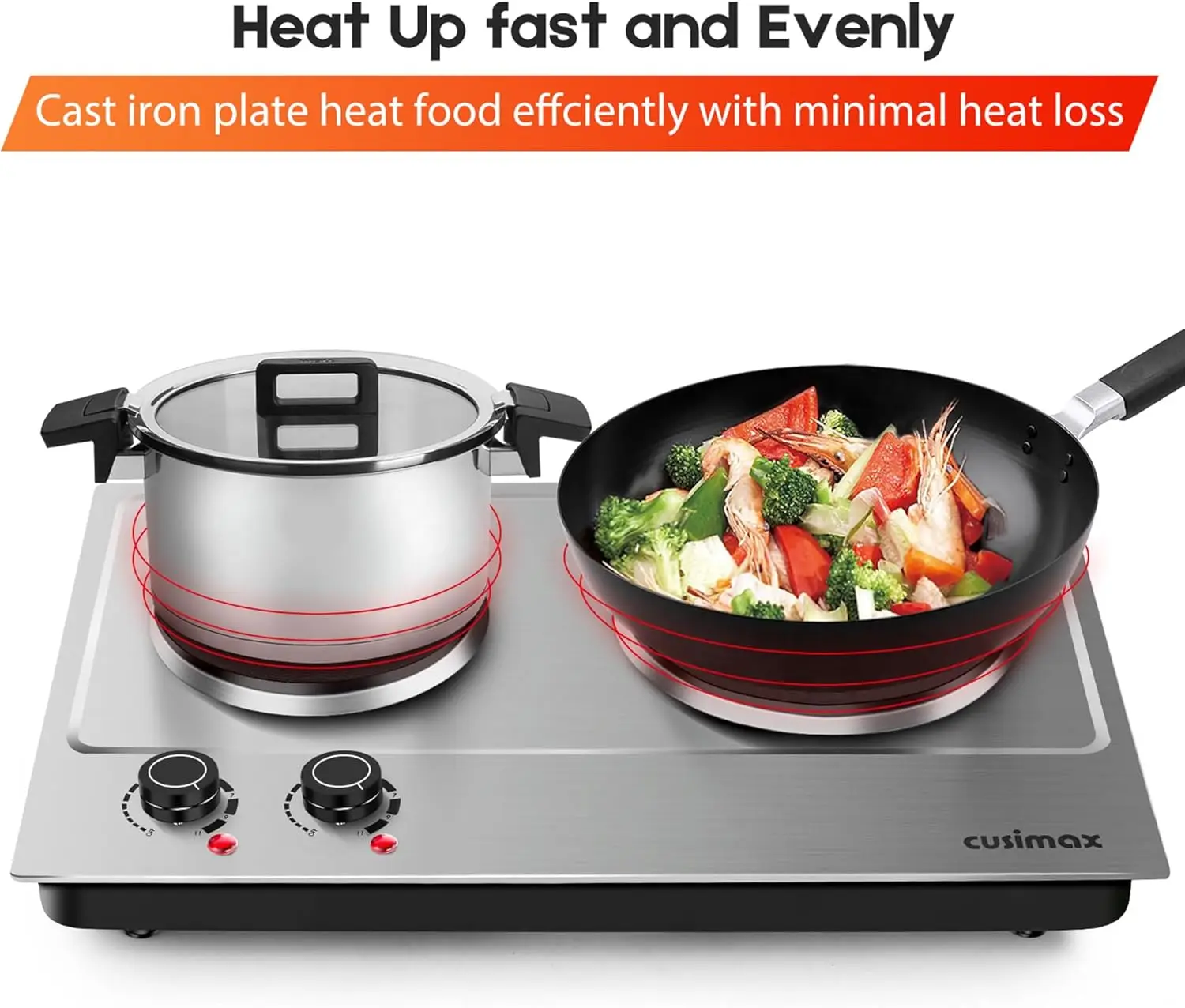 1800W Double Hot Plate, Stainless Steel Silver Countertop Burner Portable Electric Double Burners Electric Cast Iron Hot 4