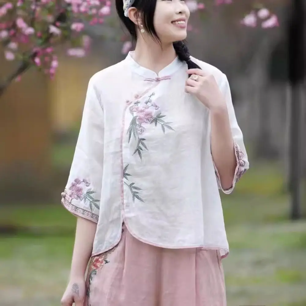 Fashion Chinese Style Short Sleeved Shirts Retro Loose Embroidered Floral Top Frog Button Stand Collar Cotton Linen Shirt Daily