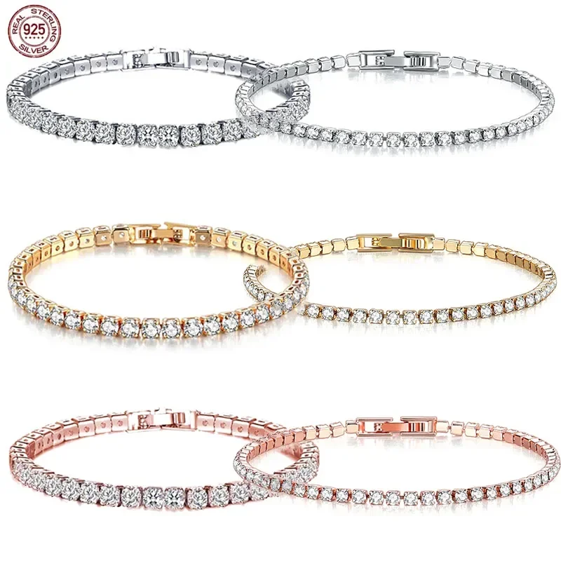 

New Women's Bracelet Shiny 925 Sterling Silver 2.5mm One 3A Round Zircon Full Diamond Bracelet Fits Birthday Engagement Gift