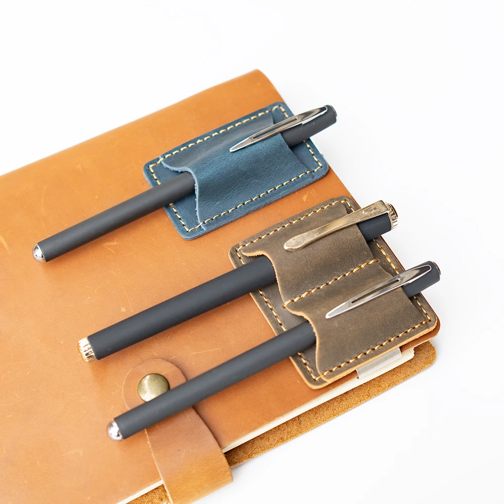 Vintage Crazy Horse Leather Cowhide Pen Holder with Stainless Steel Clip