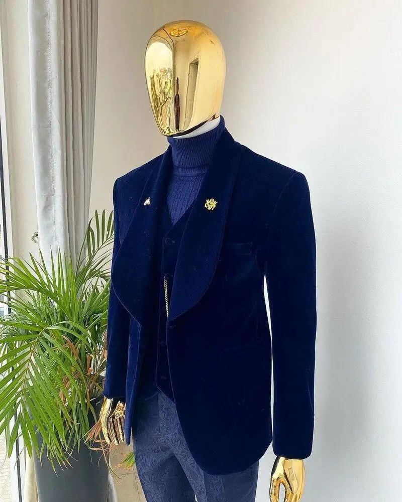 

New Arrival 3 Pieces Men's Suits Slim Fit Blue Velvet Shawl Lapel Wedding Tuxedos Prom Best Man Blazer ( Jacket+Pants+Vest)