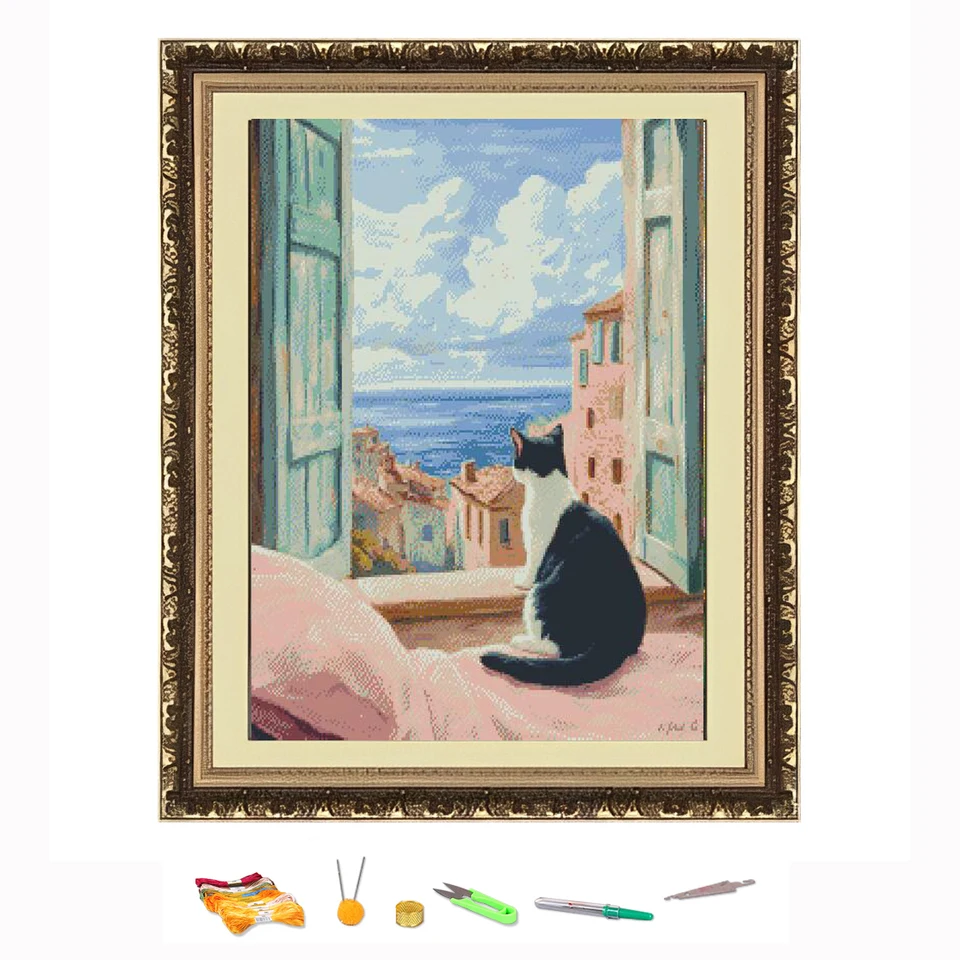 Kit Bordado Principiantes Punto De Cruz Brvsk Gato Del Art Nouveau. Kit De  Estampado Con Lienzo, image size:960x960