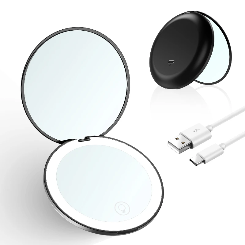 Mini 2-sided LED compact mirror in pink color option.