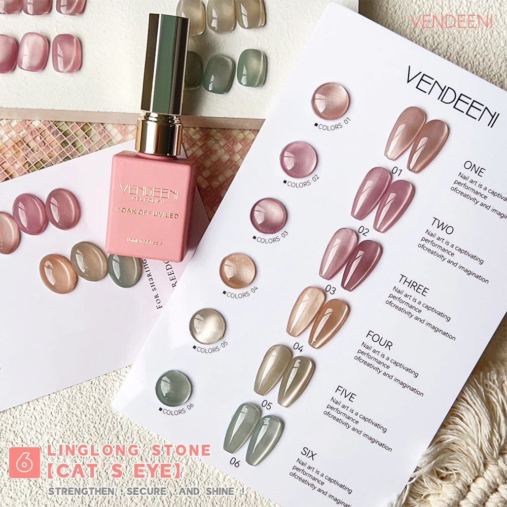 Vendeeni 6 Colors Magnetic Cat Eye Gel Nail Polish Set Pink UV LED Soak Off Gel Varnish Crystal Cat Eye Gel Lacquer With Display 5