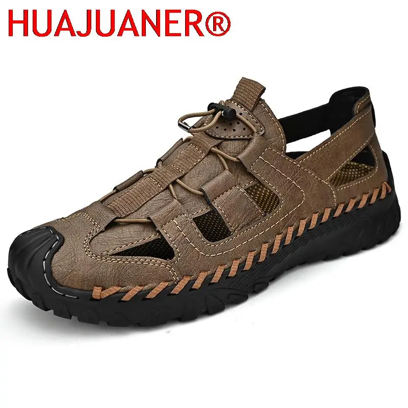 

Мужские сандалии с противоскользящей подошвой, черные дышащие кожаные сандалии в стиле ретро, пляжная обувь, для улицы, лето 2023