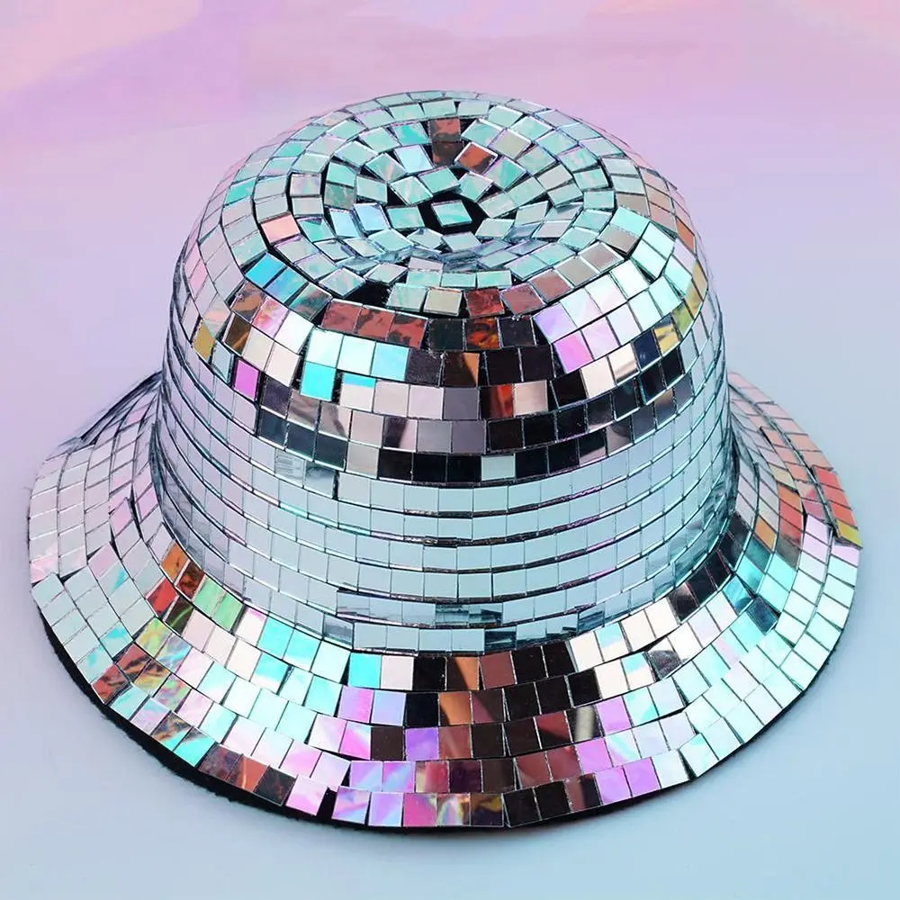 Glitter Mirror Disco Bucket Hat Full Sequin Disco Ball Hats For DJ Club