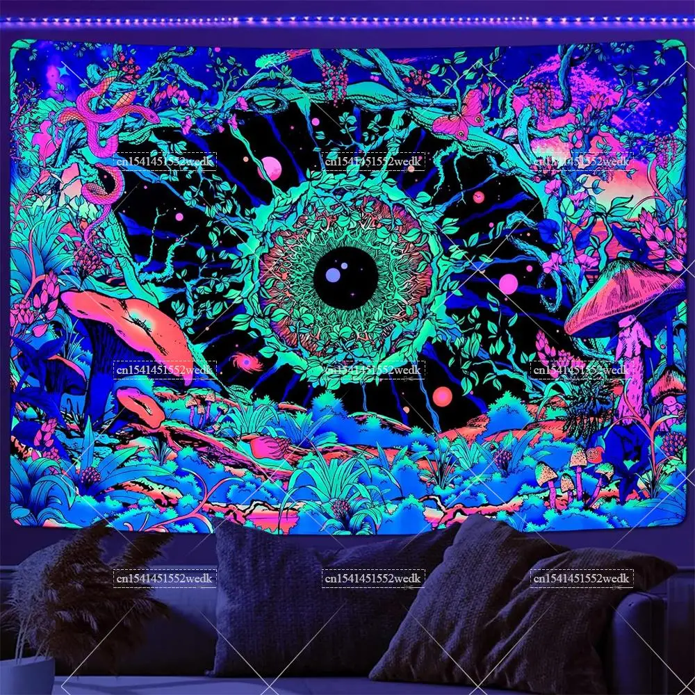 Blacklight Mushroom Tapestry UV Reactive Hippie Eye Butterfly Snake Neon Tapestrys Floral Plants Black Light Wall Tapestry
