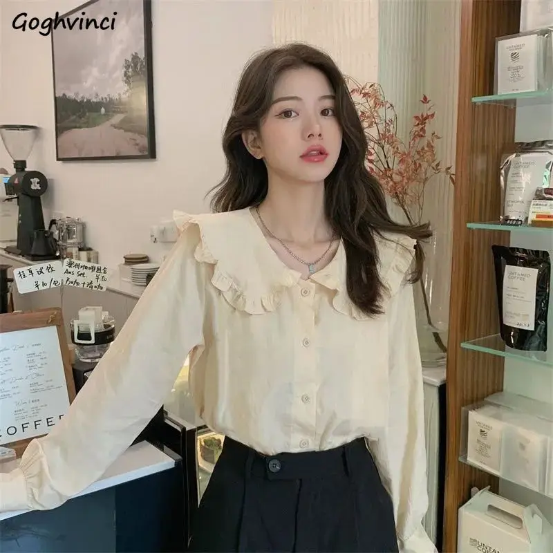 

Shirts Women Peter Pan Collar Gentle Sweet College Trendy Simple French Style Long Sleeve Clothing Spring Basic Elegant Feminio