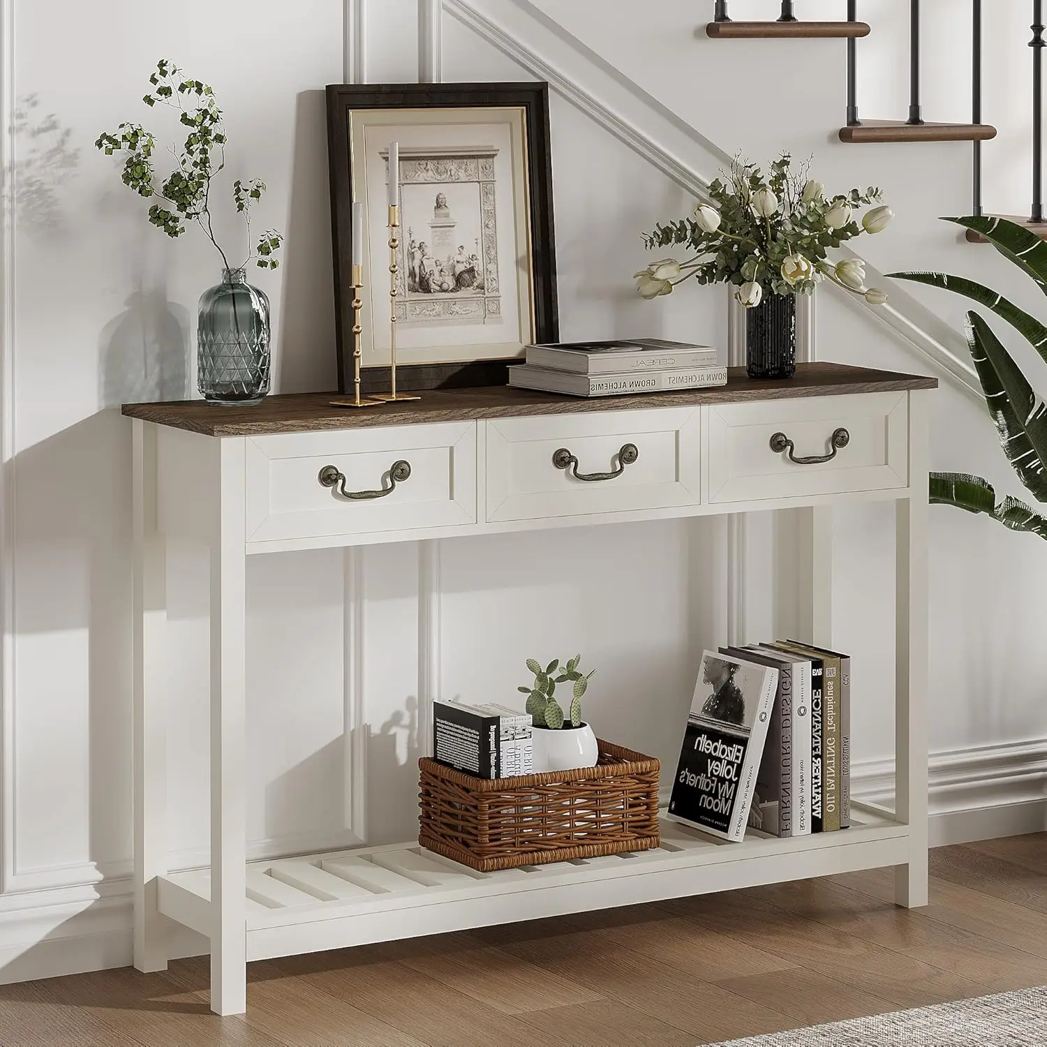 47" Farmhouse Console Table with 3 Drawers, Rustic Entryway Table, Narrow Long Sofa Table for Living Room, Hallway, Behind Couch 6