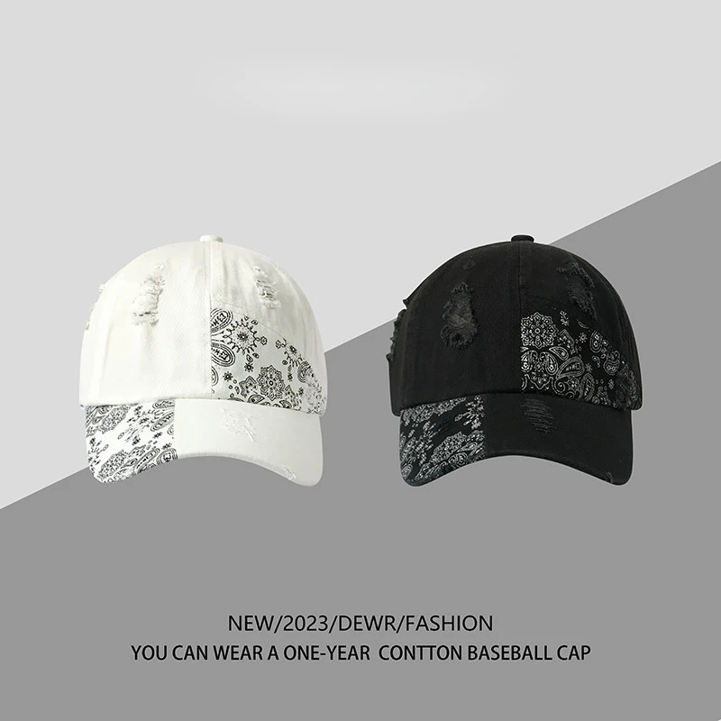

2023 Cashew Flower Ripped Retro Baseball Cap Men and Women Summer Soft Top Couple Street Trend Adjustable Hip Hop Hat casquette