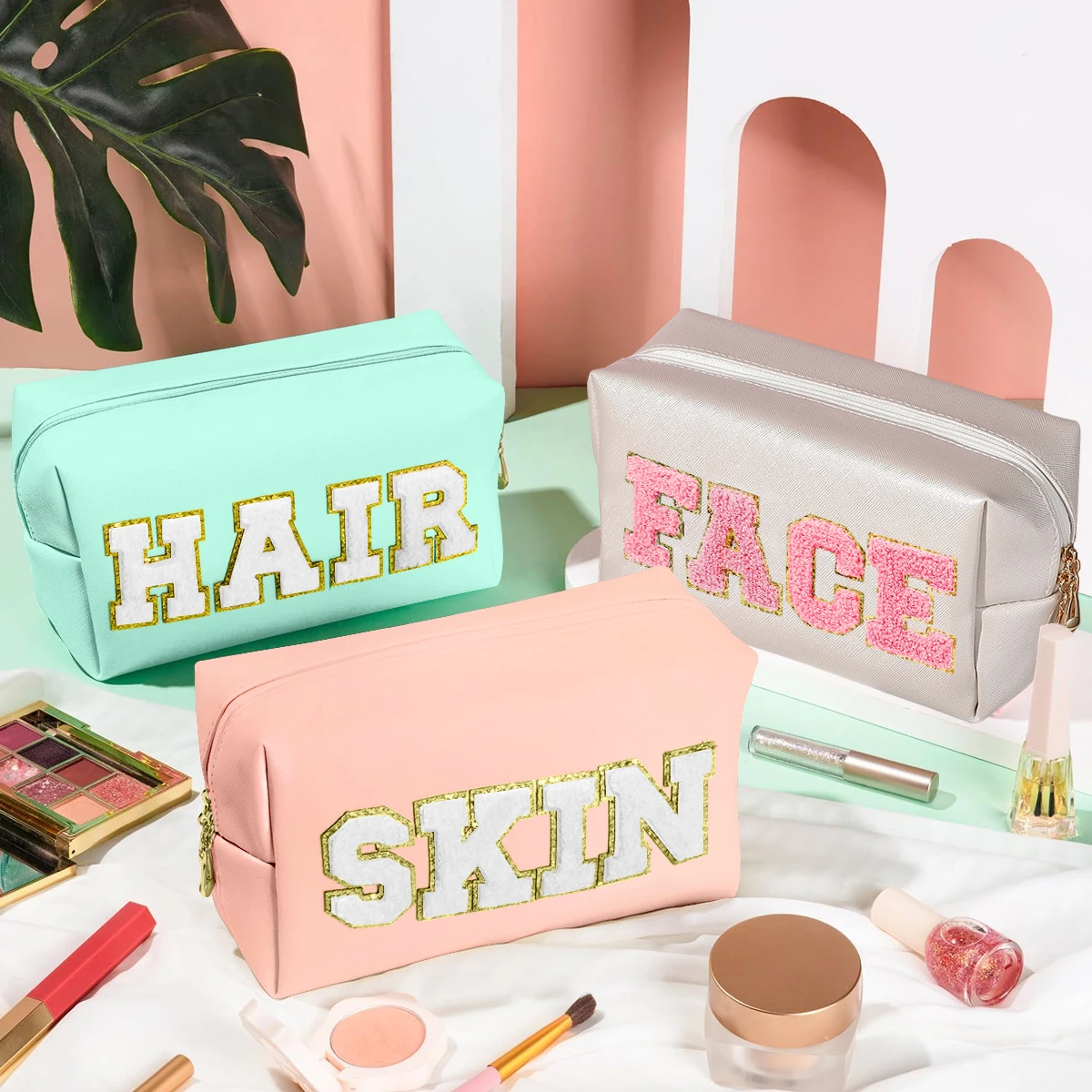 Chenille Letter Cosmetic Bag PU Leather Waterproof Pouch Cute Zipper Organizer, Skin, Hair and Face.-zmt 6