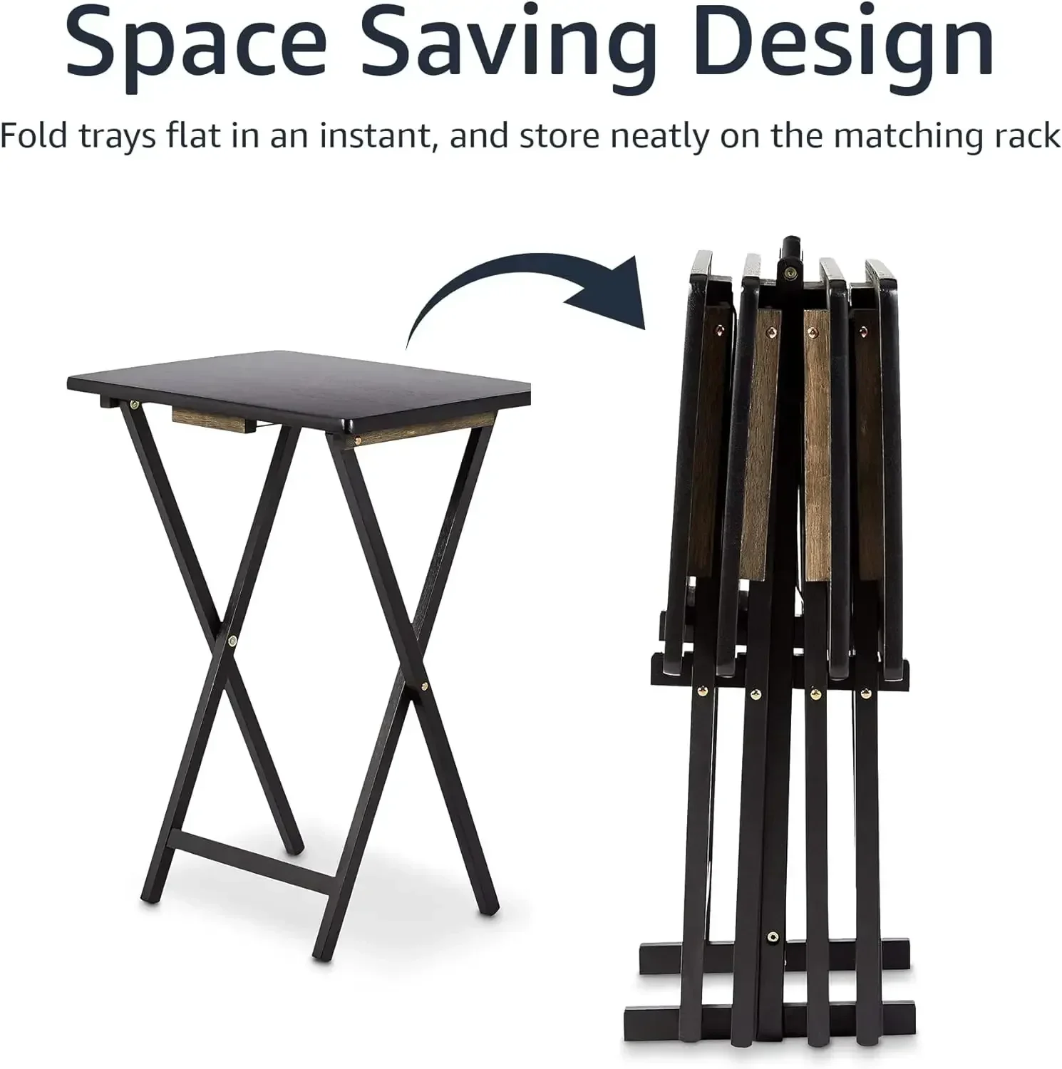 Classic Black TV Dinner Folding Tray Tables with Storage Rack – Set of 4, 15" x 19" x 26" 4