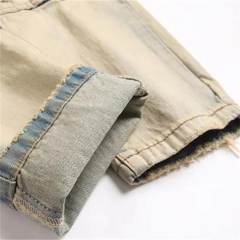 EH·MD Stitch Emoticon Jeans Men Scraped Thread White Gradient Slimming Tights Cotton High Elastic Zip Knee 3D Embroidery Smile23