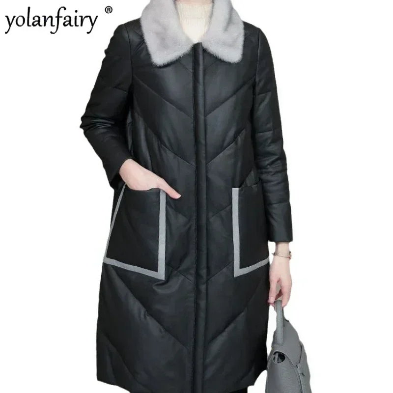 

Genuine Leather Down Jackets for Women Winter Sheepskin Coat Women's Mink Fur Collar Mid Long Large Pockets Fashion Outwears FCY