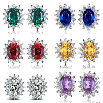 Princess Diana 925 Sterling Silver Engagement Earrings Ruby Natural Amethyst Blue Sapphire Topaz Bridal Wedding Jewelry